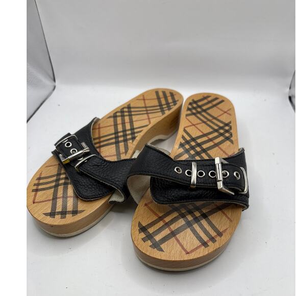 Burberry Leather Buckle Nova Check Clog Slides Womens Size 38 Brown Wooden Sole